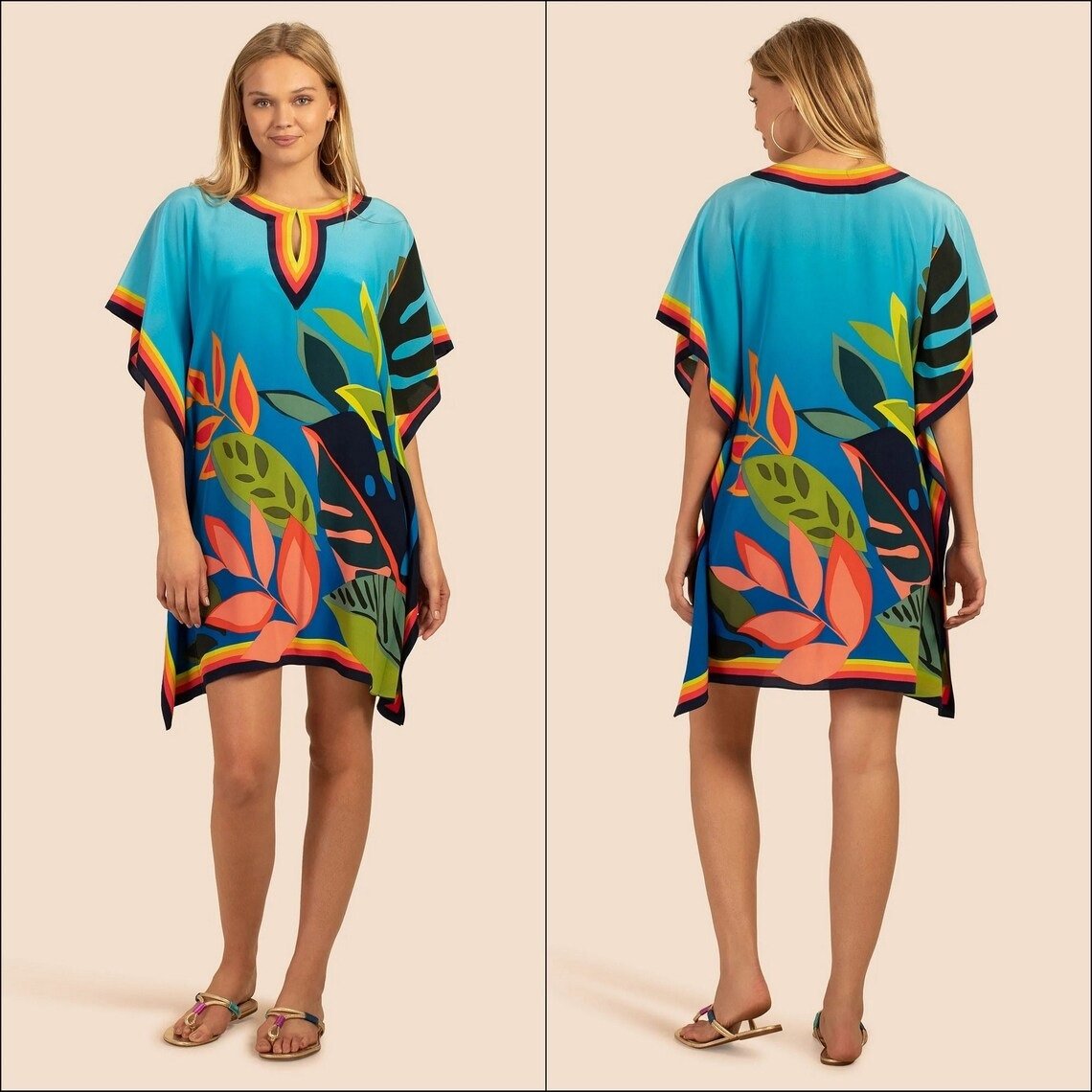 Women Fancy Short Kaftan Pool Cover up Silk Crepe Kaftan Summer Wear Tunic Caftan Comfortable Printed Dress Simple Evening
